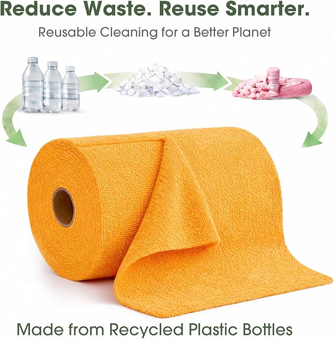 Microfiber Cleaning Cloth Roll–100 Pack, Tear Away Microfiber Towels, Reusable, Washable, Scratch-Free, Kitchen Towels for Car, Home, Kitchen, Glass, Dishes(Tangerine Yellow)