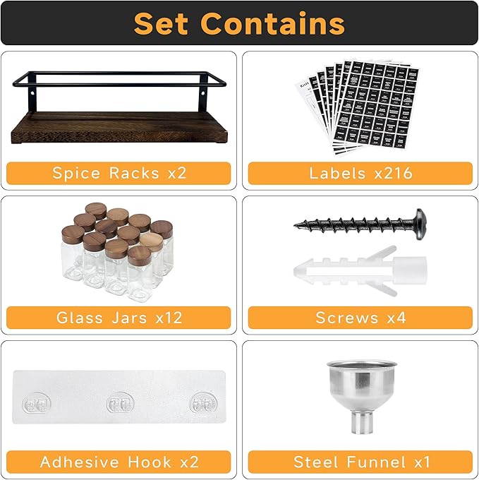 2-Tier Wall Mount Spice Rack Organizer with 12 Glass Jars, 216 Labels & Funnel - Screw/Adhesive Mount, Black Metal & Wood Spice Storage for Kitchen Pantry Cabinet, 11.6”L x 2.4”W x 3.2”H