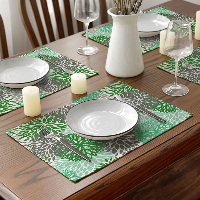 Ansouyi Placemats Set of 6, Green and Gray Dahlia Flower Washable Heat Resistant Linen Table Mats, Kitchen Decor Non-Slip Place Mats for Party Dining, 12x18 Inch