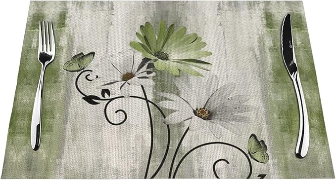 Floral Place mats Set of 4, 12x18 Inches Rustic Sage Green Daisy Flower Decorative Placemats Rectangle Floral Linen Table Mats for Party Home Kitchen,Dining Table Decoration