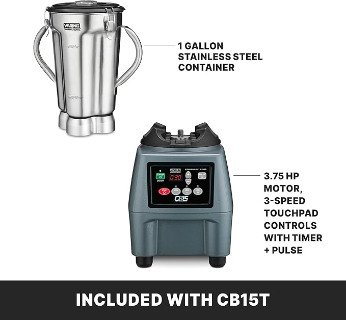 Waring CB15T Blender with Timer, Stainless Steel Container, 120V, 4 L Capacity, 26" Height, 15 Amps, Black