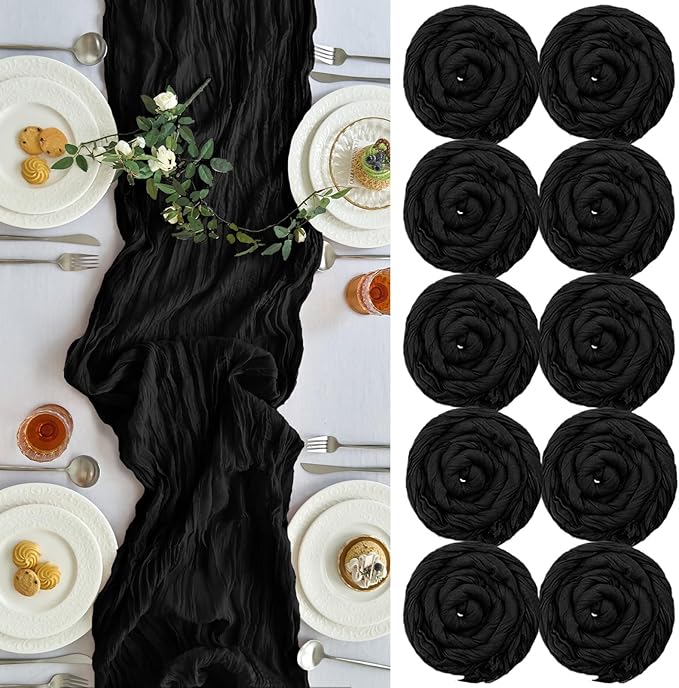 IVAPUPU 10 Pcs Cheesecloth Table Runner - 10ft Black Spring Boho Gauze Black Cheese Cloth Table Runners for Baby Shower Decorations Wedding Party Garden Farmhouse Decor