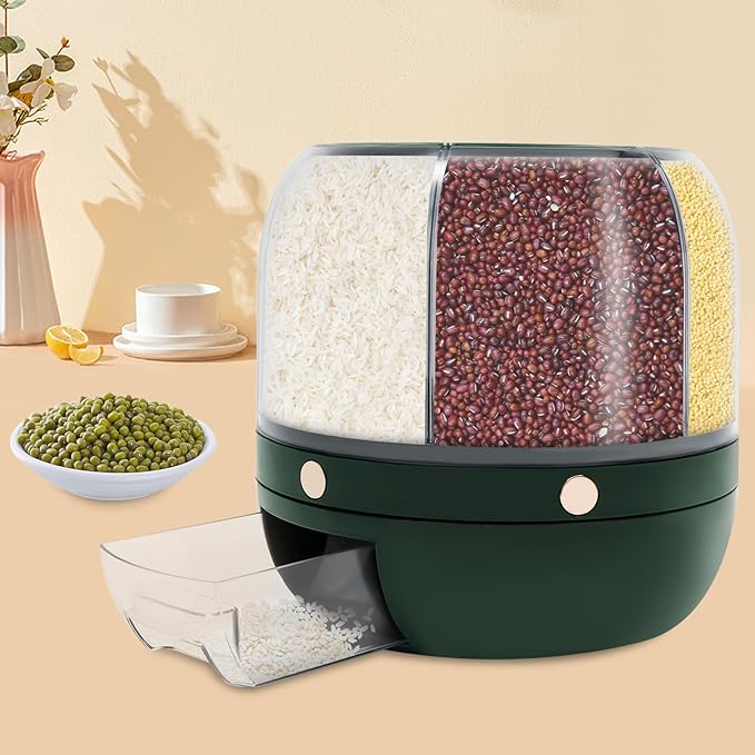 360° Rotating Grain Dispenser With 6 Grids, 13.2lbs Large Capacity Grain Dispenser Rotating Kitchen Storage Containers With Sealed Lid For Peanut Barley Millet And Cereal (Green, 13.2 lbs)