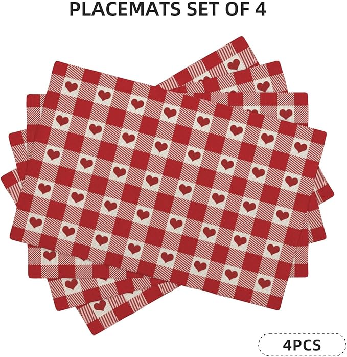 Valentines Placemats Set of 4 Red Pink Love Heart Buffalo Plaid Decor Place Mats 12x18 Inch Gingham Anniversary Wedding Holiday Linen Table Mats for Home Kitchen Dining Party Table Decoration