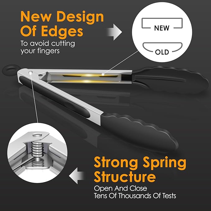 HOTEC Premium 7 & 9 Inch Kitchen Tongs, Stainless Steel Locking Cooking Tongs with Silicone Tips, Non-Scratch & Heat Resistant, Serving Tongs for Salad, BBQ, Black, Set of 2