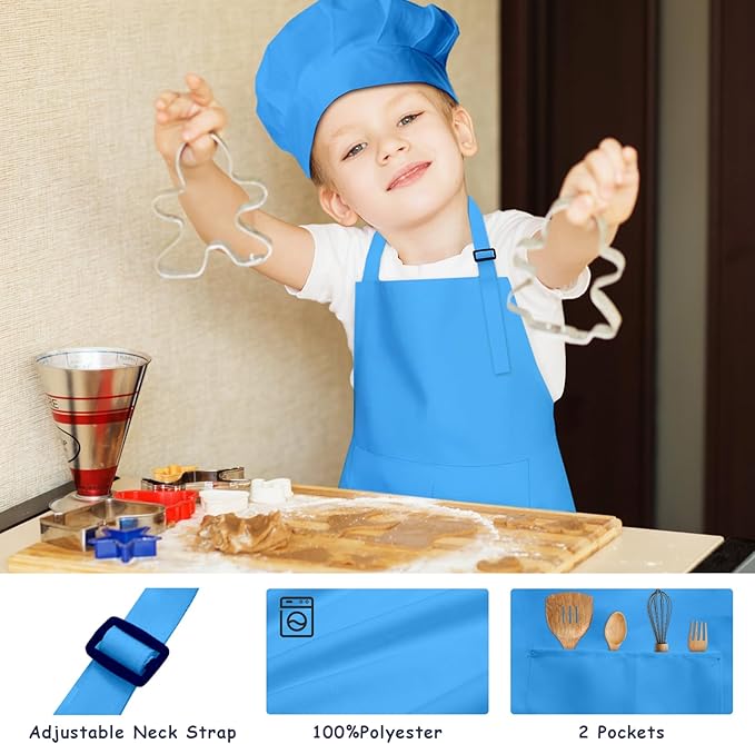 Kids Apron and Chef Hat Set, 16 Pieces Boys Girls Kids Apron with 2 Pockets Adjustable for Cooking Classroom Baking Painting, 6-13 Years, Multicolor