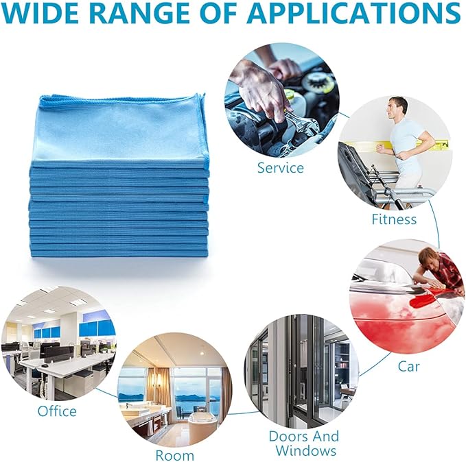 12 Pcs Microfiber Glass and Window Cleaning Cloths,12" x 12" Lint Free Streakless Buff Polishing Cloth,Quickly Clean Windows, Windshields, Mirrors, and Shower Glass Doors,Washable and Reusable