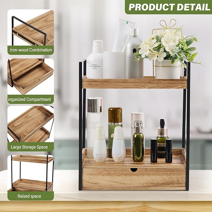 2-Tier Bathroom Organizer Countertop with Drawer, Wood Counter Shelf for Storage, Cosmetic Storage Vanity Tray for Bathroom Organization for Kitchen, Office