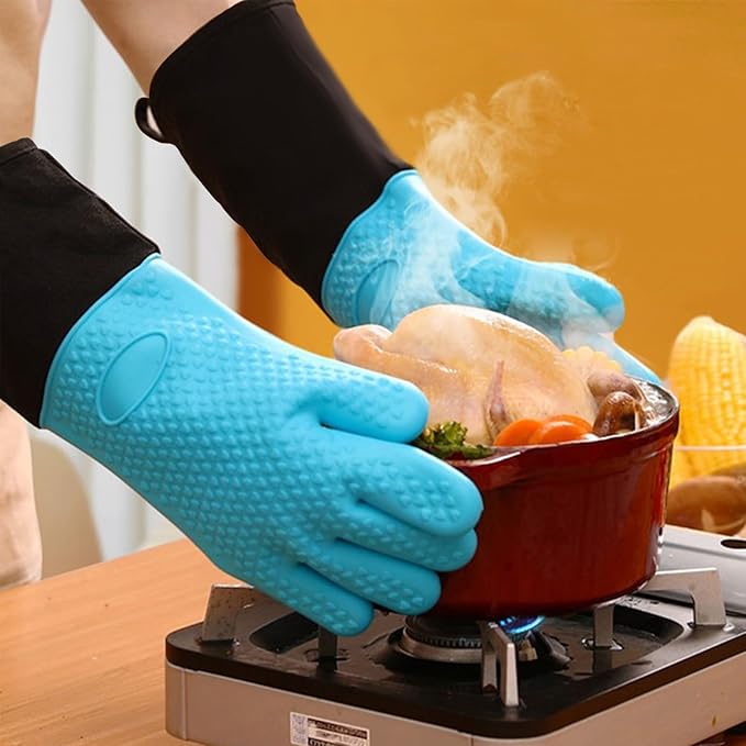 1 Pair Extra Long Professional Oven Mitts, Non-Slip Silicone Grip Heat Resistant,19.7" Length,Up to 572℉ for BBQ Cooking Baking Grilling (Blue)