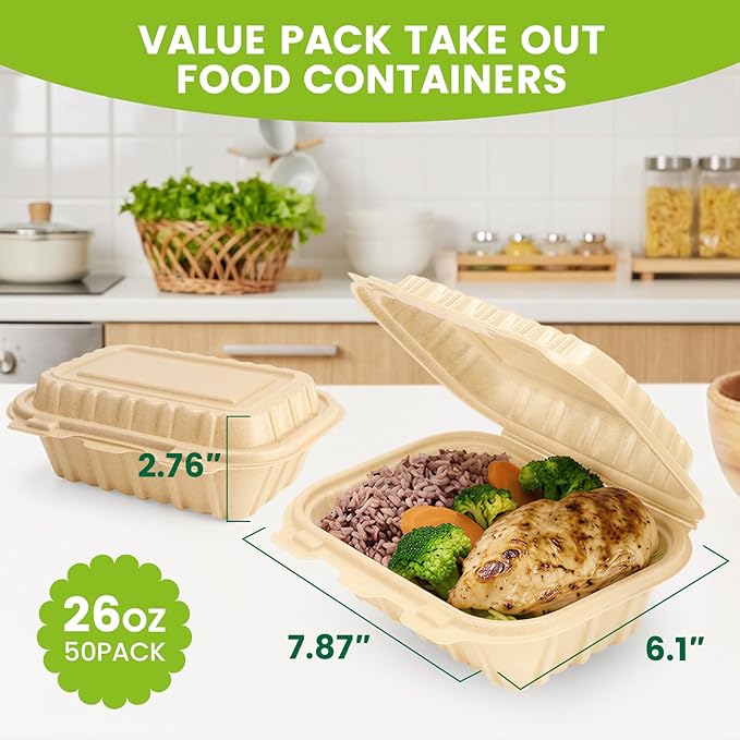 Clamshell Food Containers with Lids, 50 Pack-26oz Take Out Boxes Disposable Meal Prep Containers Natural Rice Husk Material Durable To Go Containers for Pasta Salad Sandwich Microwave Freezer Safe