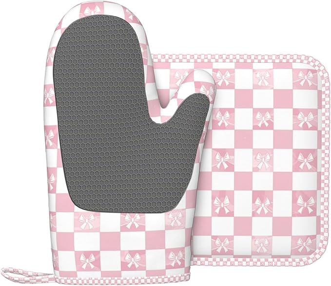 Oven Mitts and Pot Holders Pink Check Bow Pattern Silicone Kitchen Accessories Set of 2 Heat Resistant Long Gloves Potholder Non-Slip Grip for Chef Cooking Baking Grilling BBQ