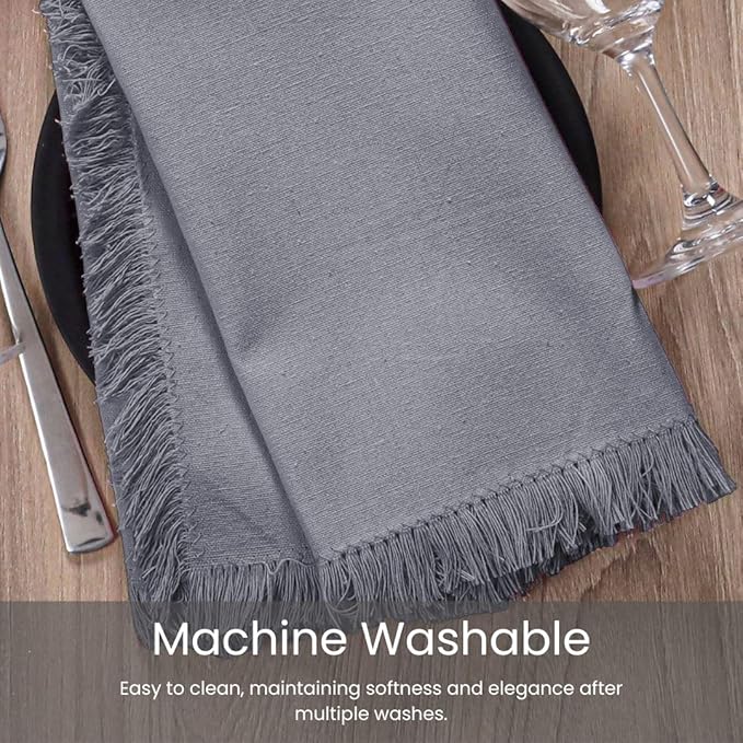 Cloth Dinner Napkins Fringes 100% Cotton Set of 6 - Perfect for Dining Special Occasions Wedding Holidays Christmas - Soft Durable Washable - Elegant 20x20 Inch Cloth Napkins Dark Grey