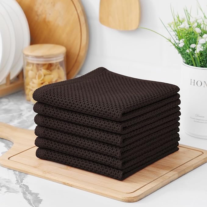 Kitinjoy 100% Cotton Kitchen Dish Cloths (12 X 12 Inches, Dark Brown), 8 Pack Waffle Weave Ultra Soft Absorbent Dish Towels for Drying Dishes Quick Drying Kitchen Towels Dish Rags