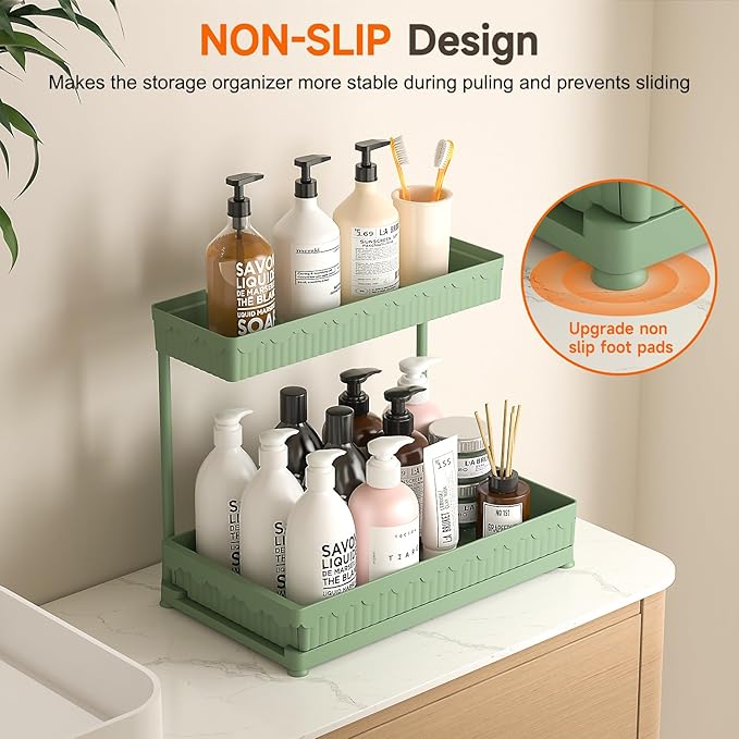 Sevenblue 3 Pack Multi-Purpose Under Sink Organizers and Storage, 2026 L-Shaped Pull Out Cabinet Organizer for Bathroom & Kitchen, Under Cabinet Organizer with Hooks Hanging Cup (Green, 14.85 inch)