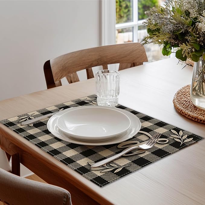 HOMETITUTE Blessed Placemats Set of 4 Linen 12x18 Inch Washable Table Mats Black and White Buffalo Plaid Rustic Farmhouse Place Mats Decorative Kitchen Dining Table Party Holiday Home Decor