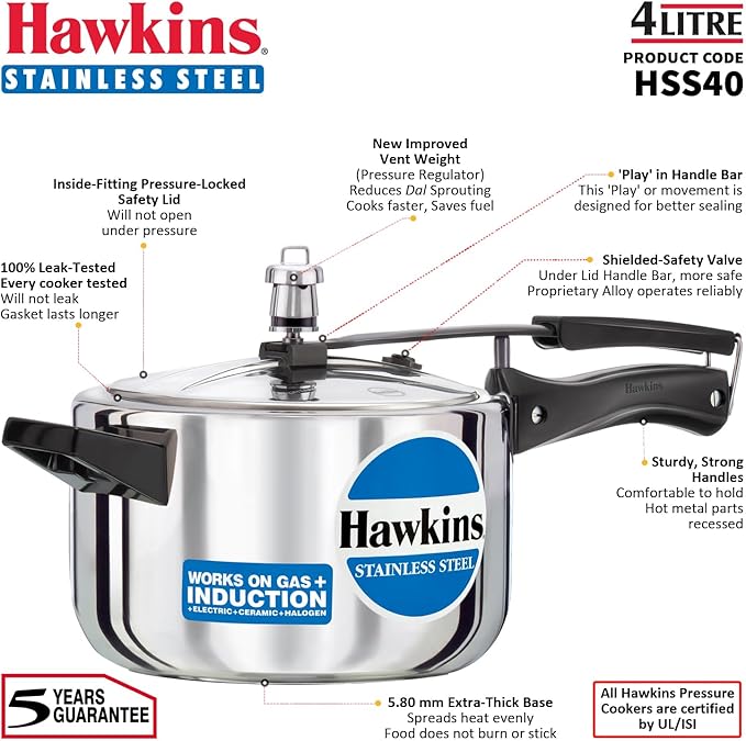 Hawkins 4 Litre Pressure Cooker, Stainless Steel Inner Lid Cooker, Induction Cooker, Silver (Hss40), 4 Liter