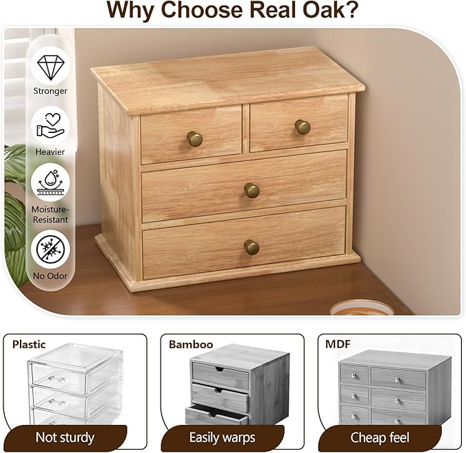 Oak Desk Organizer with Drawers, Wooden Desktop Storage Box with Metal Handles & Non-Slip Silicone Pads, 4 Drawer Tabletop Organizer for Office, Bedroom, Bathroom, Vanity, Makeup – Light Burnt Brown