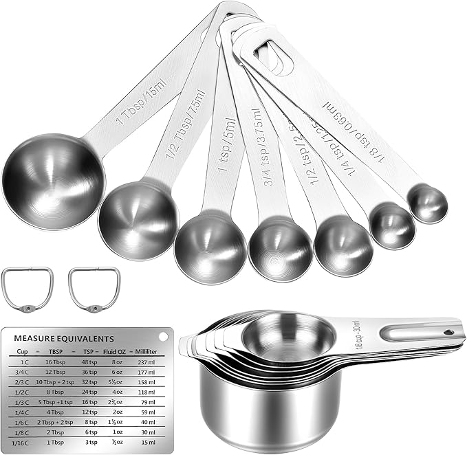 Set of 17 Measuring Cups and Spoons Set Stainless Steel Cup and Spoon Stainless Steel Nesting Measuring Cups and Spoons for Cooking & Baking, Silver