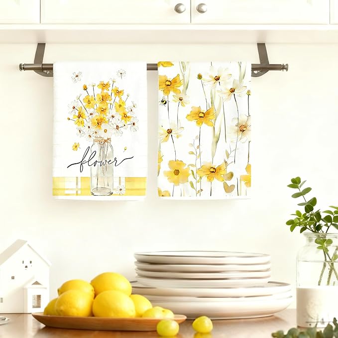 Yellow Floral Kitchen Towels Set of 4 – 16x24 Inch Cute Watercolor Daisy Bee Dish Towels, Soft Absorbent Hand Towels for Kitchen, Spring Summer Home Decor, Housewarming & Birthday Gift for Women