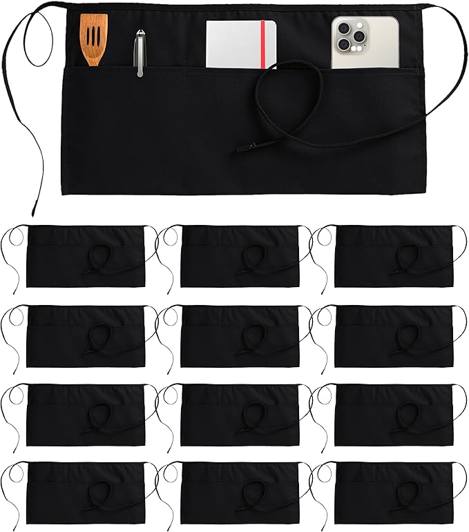 Utopia Wear 12 Pack Server Aprons with 3 Pockets, Waiter and Waitress Waist Aprons for Women with Pockets, Men Short Aprons