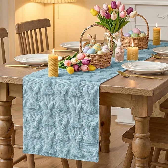 Artoid Mode Blue Soft Plush Faux Fur Jacquard Bunny Rabbit Easter Table Runner, Seasonal Kitchen Dining Table Decoration for Home Party Decor 13x72 Inch