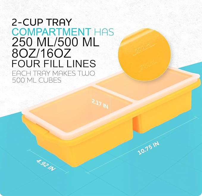 Silicone Freezer Tray With Lid-Soup Freezer Container molds-Large Ice Cube Tray Set Makes 1-Cup & 2-Cup portions cubes Perfect for preparing meals in different portion sizes Oven & Dishwasher -Safe