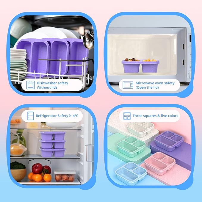 Snack Boxes (3 Pack) - Stackable Bento Boxes with 3 Compartments, Meal Prep Containers Reusable, Lightweight Lunch Containers for Kids and Adults, BPA Free (Purple)
