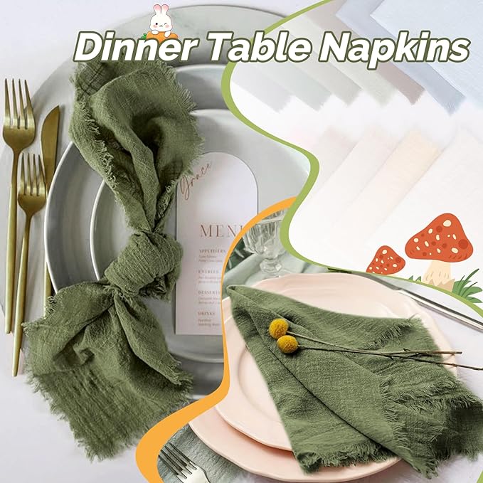 Showgeous 60 Pack Olive Green Cloth Napkins with Fringe 16x16 inch 100% Cotton Green Napkins Handmade Dinner Napkins Bulk Washable Soft Rustic Table Napkins for Wedding Parties Bridal Baby Shower