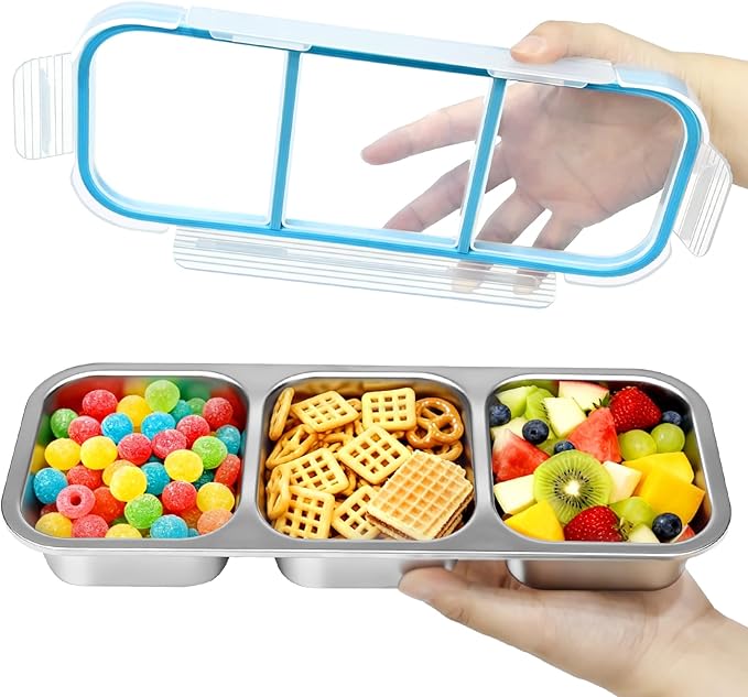 Stainless Steel Snack Containers, 3 Compartment Snackle Box Leakproof, Metal Bento Box with Airtight Lids, Reusable Food Storage Container for Lunch Travel Picnics Office