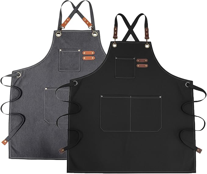 Chef Apron with Large Pockets for Women Men, Cotton Canvas Cross Back Water Repellent Adjustable Work Apron
