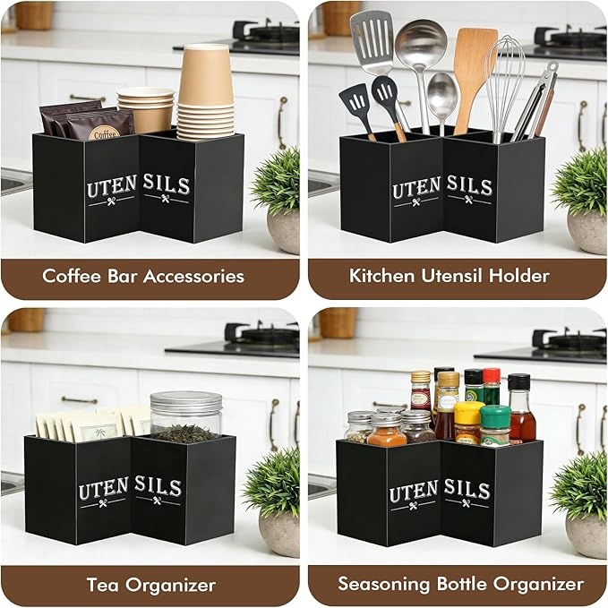 Large kitchen Utensil Holder, Wooden Utensil Organizer for Kitchen Countertop, Spatula and Spoon Cooking Holder with 3 Compartments, Black