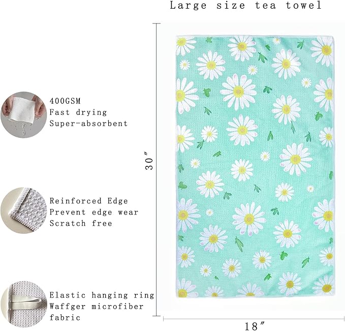 18” x 30” Highly Absorbent Kitchen Towels, Quick Dry Microfiber Tea Towel, Dish Towels for Kitchen Drying, Ultra Soft Premium Hand Towels (Light Green Flowers)