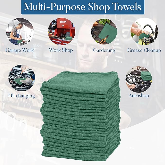 DAN RIVER Shop Towels, 50 Pack Commercial Use Green Terry Cloth Rags for Cleaning Cars & Household Surfaces – Well Absorbent, Reusable Cleaning Rags & Wash Clothes – Washable Towels
