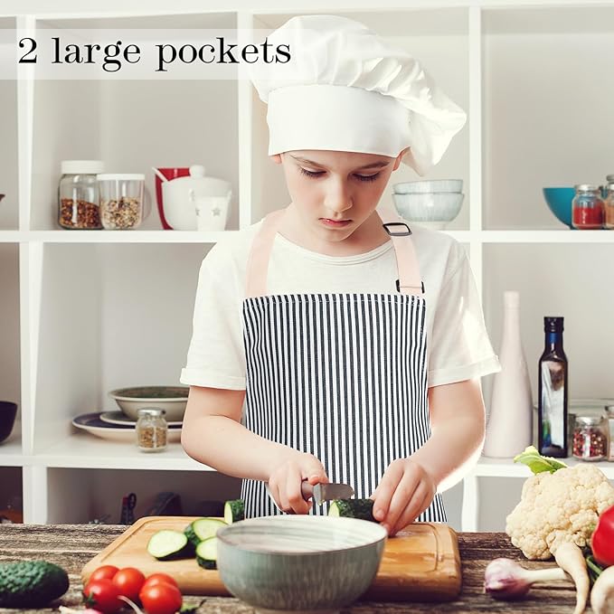2 Pack Stripes Kids Apron, Kids Cooking Aprons with 2 Pockets, Cute Aprons for Cooking for Boys and Girls