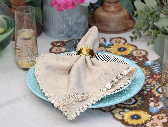 COTTON CRAFT Flax Linen Cloth Napkins with Lace - Set of 12 Lunch Dinner Napkins - Elegant Everyday Fall Harvest Thanksgiving Holiday Table Napkin - Washable Reusable Napkin - Oversized 20x20- Natural
