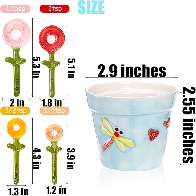 Coloch 5Pcs Ceramic Measuring Spoons and Cup, Flower Baking Scale Spoons with Base Set for Dry and Liquid Ingredient, 1/4 tsp, 1/2 tsp, 1 tsp, 1 Tbsp