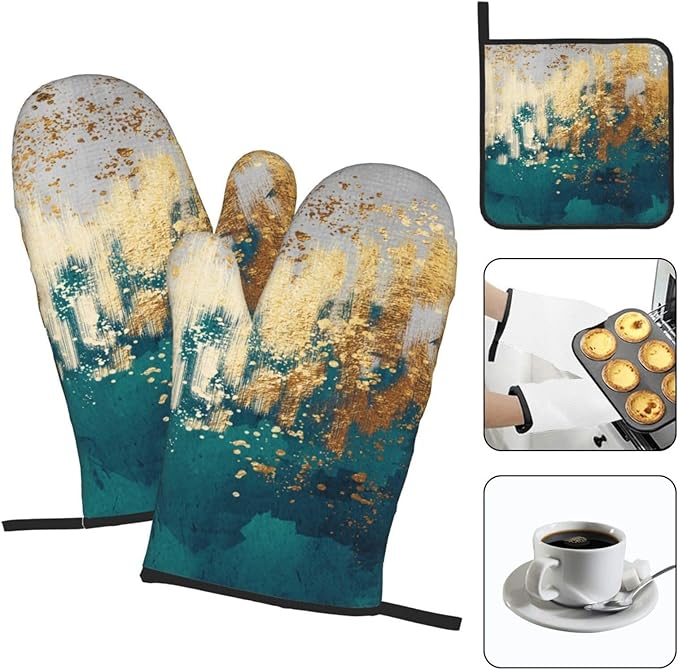 Green Gold Abstract Art Oven Mitts & Pot Holders Sets of 3, Heat Resistant Modern Teal Gold Oven Gloves and Hot Pads for Kitchen Cooking Baking Grilling, Gifts for Women, Holiday Kitchen Home Decor