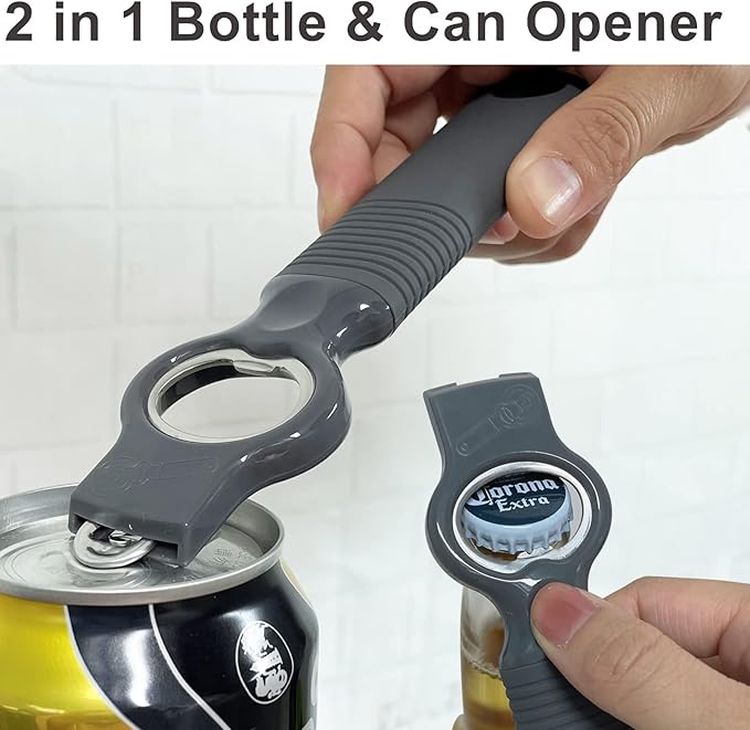 2-Pack Soda Can Opener and Beer Bottle Opener Bartender with Good Grip Silicone Handle, Pop Top Can Tab Opener for Long Nails, Bottle Opener for Arthritic Hand and Seniors, Gray