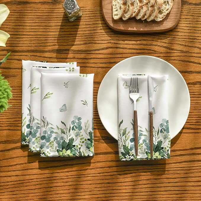 Horaldaily Spring Summer Cloth Napkins 18 x 18 Inch, Eucalyptus Floral Party Dinner Decoration Washable Napkins Set of 12