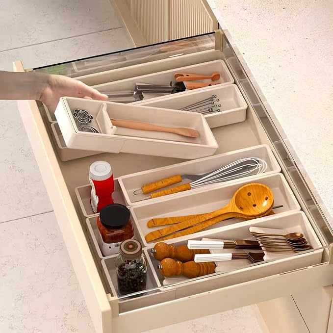 Silverware Drawer Organizer with Expandable Panel & Removable Dividers – Fits 15.67" to 21.18" Kitchen Drawers, Space-Saving Utensil Storage Solution (Milk White, W13.6 x L15.7 inches)