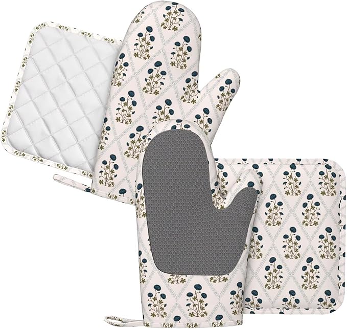 Vintage Floral Oven Mitts and Pot Holders 4 pcs Set Silicone Blue Green Flowers Kitchen Oven Mitt Gloves Boho Plants Pot Holders Non-Slip Heat Resistant Cooking Mitts Set for Baking Grilling