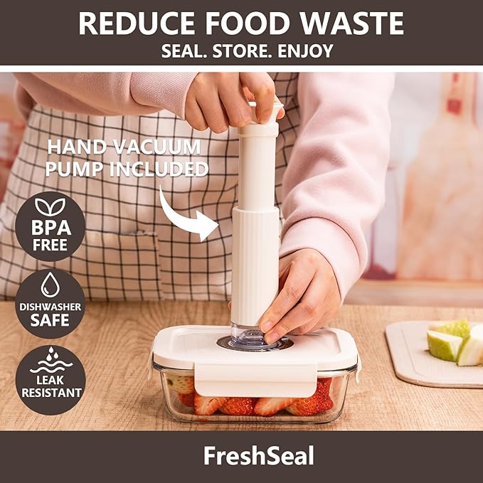 Glass Vacuum Sealable Container Set - 9 Pieces, 6 Sizes, Hand Pump, 10 Bags