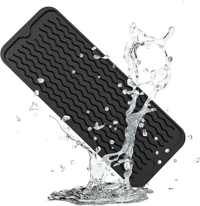 ZLR Silicone Sponge Holder & Sink Caddy Tray (6" x 17") - Narrow Dish Drying Mat for Kitchen Counter - Waterproof Soap Dispenser Organizer, Non-Slip Bathroom Vanity Tray (Black)