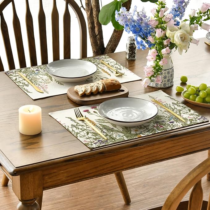 Artoid Mode Antique Herbs and Wild Flowers Spring Placemats Set of 2, 12x18 Inch Seasonal Summer Table Mats for Party Kitchen Dining Decoration