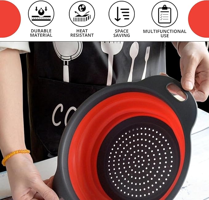 Red Round Silicone Collapsible Colander – Silicone Round Kitchen Strainers with Plastic Handles Foldable Kitchen Strainer Small Perfect for Draining Pasta Vegetable and Fruit