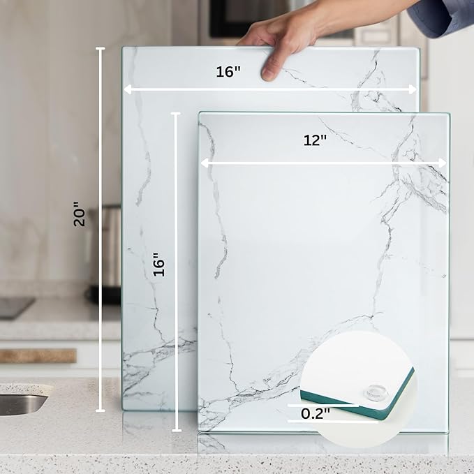 Kitchenville Glass Cutting Board 16"x12": Tempered Glass Kitchen Counter Protector - Durable- Scratch-Resistant, Heat-Proof - Design 2 - White Marble Effect