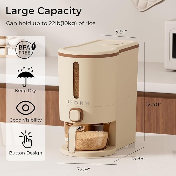 Rice Dispenser, Rice Storage Container with Measuring Cup for Kitchen Pantry Household, Cereal Dry Food Storage Containers Airtight, Sealed Moisture Proof (Brown 11 Lbs)