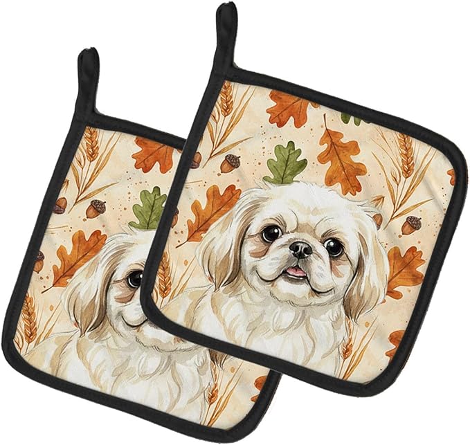 Caroline's Treasures Cream Pekingese Heirloom Fall Pair of Pot Holders Pair 7.5x7.5 Quilted Insulated Hot Pads Decorative Kitchen Gift Made in USA