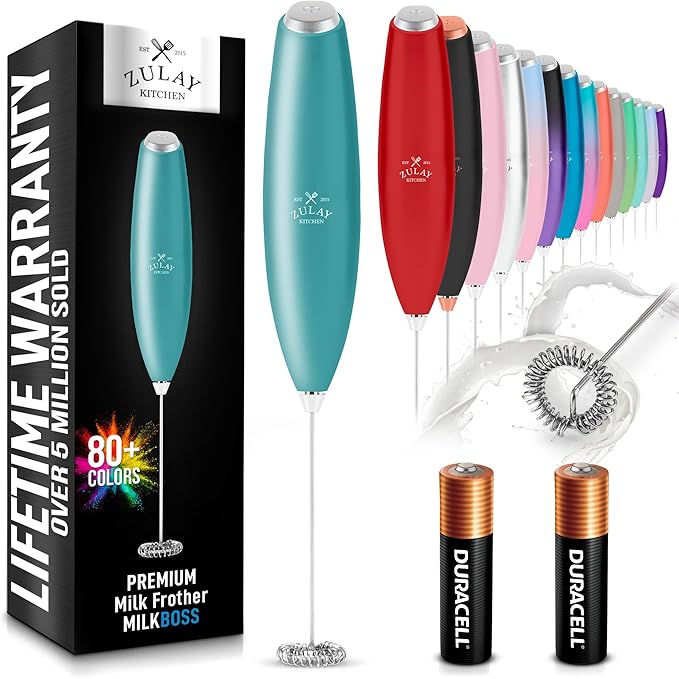 Zulay Kitchen Milk Frother Handheld Electric Whisk with AA Duracell Batteries – Durable Drink Mixer for Coffee, Lattes, Cappuccinos & More - Aqua