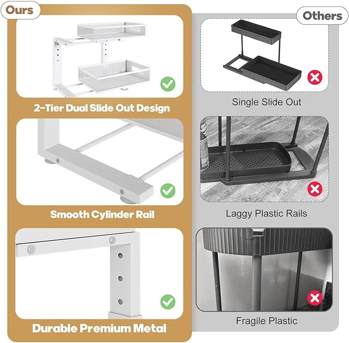 2 Packs 17IN Depth Under Sink Organizer, 2-Tier Pull Out Cabinet Organizer With Smooth Circular Rail, Large Capacity Metal Mesh Sliding Drawers For Bathroom& Kitchen Storage,Height Adjustable –White